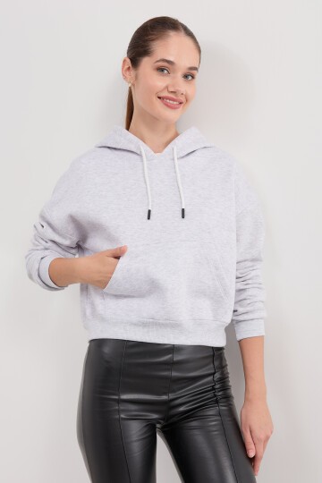 Kadın Kapüşonlu Crop Basic Sweatshirt