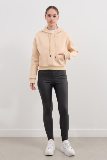 Kadın Kapüşonlu Crop Basic Sweatshirt