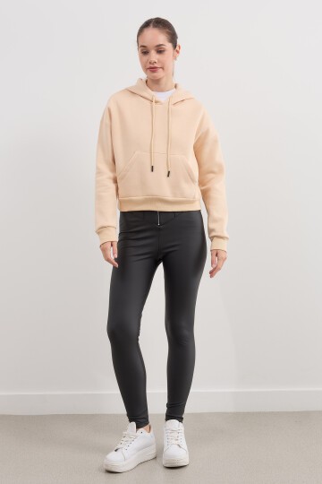 Kadın Kapüşonlu Crop Basic Sweatshirt