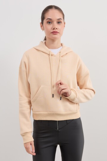 Kadın Kapüşonlu Crop Basic Sweatshirt