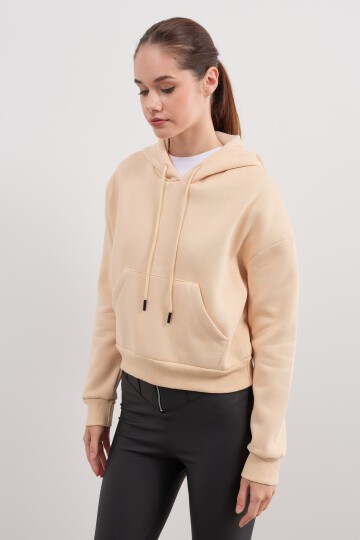 Kadın Kapüşonlu Crop Basic Sweatshirt