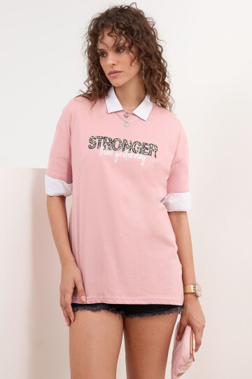 Kadın Bisiklet Yaka Stronger Baskılı Kısa Kollu T-shirt