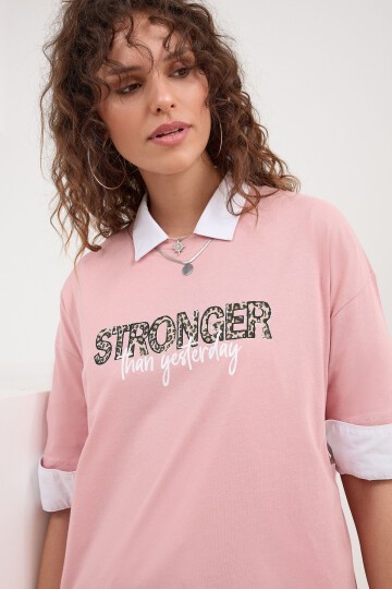 Kadın Bisiklet Yaka Stronger Baskılı Kısa Kollu T-shirt