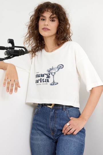 Kadın Margarita Baskı Crop Tshirt