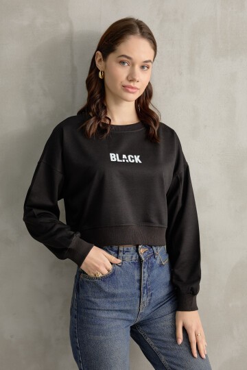 Kadın Black Baskı Detaylı Crop Yarasa Kol Sweatshirt