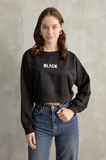 Kadın Black Baskı Detaylı Crop Yarasa Kol Sweatshirt