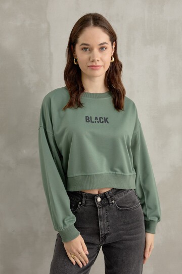 Kadın Black Baskı Detaylı Crop Yarasa Kol Sweatshirt