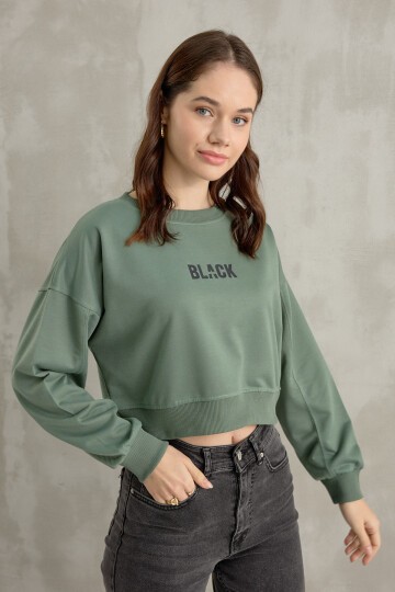 Kadın Black Baskı Detaylı Crop Yarasa Kol Sweatshirt