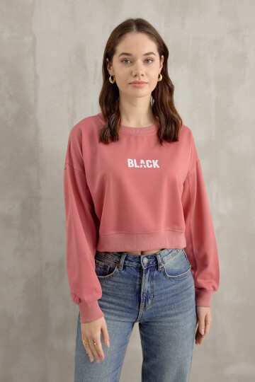 Kadın Black Baskı Detaylı Crop Yarasa Kol Sweatshirt