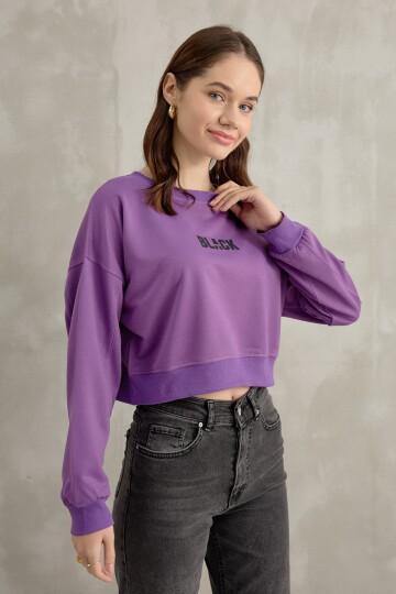 Kadın Black Baskı Detaylı Crop Yarasa Kol Sweatshirt