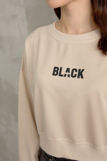 Kadın Black Baskı Detaylı Crop Yarasa Kol Sweatshirt