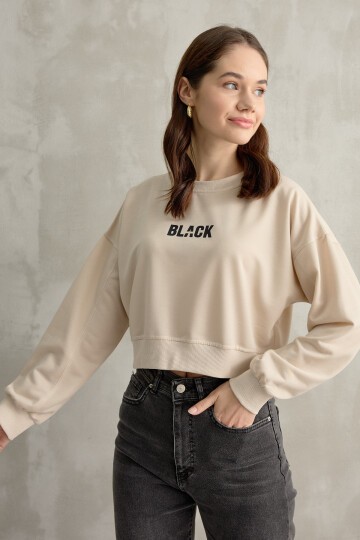 Kadın Black Baskı Detaylı Crop Yarasa Kol Sweatshirt