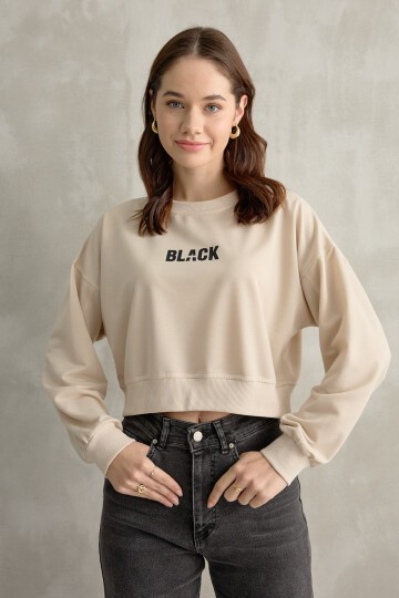 Kadın Black Baskı Detaylı Crop Yarasa Kol Sweatshirt