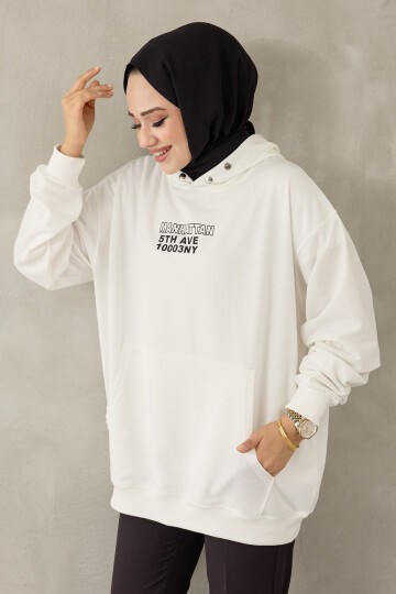 Kadın Kapüşonu Çıtçıt Detaylı Baskılı Sweatshirt