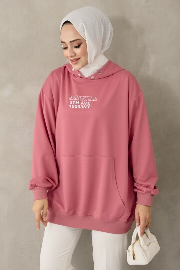 Kadın Kapüşonu Çıtçıt Detaylı Baskılı Sweatshirt