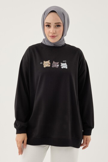 Kadın Kedi Baskılı Bisiklet Yaka Basic Sweatshirt