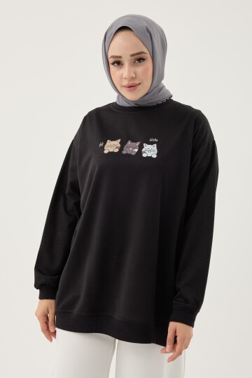 Kadın Kedi Baskılı Bisiklet Yaka Basic Sweatshirt