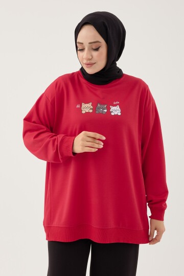 Kadın Kedi Baskılı Bisiklet Yaka Basic Sweatshirt