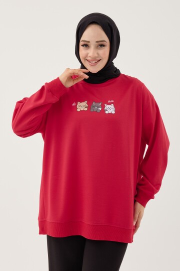 Kadın Kedi Baskılı Bisiklet Yaka Basic Sweatshirt