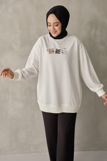 Kadın Kedi Baskılı Bisiklet Yaka Basic Sweatshirt