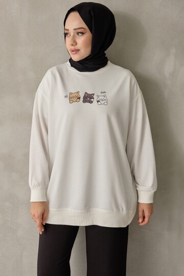 Kadın Kedi Baskılı Bisiklet Yaka Basic Sweatshirt