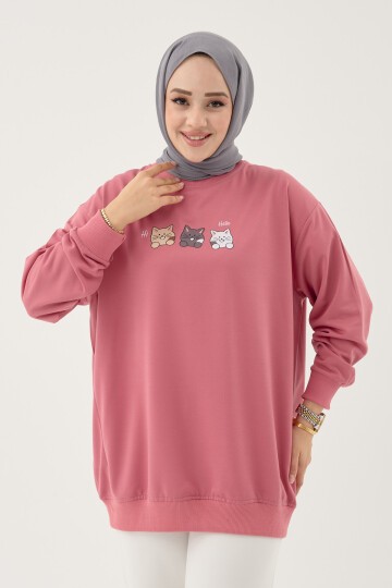 Kadın Kedi Baskılı Bisiklet Yaka Basic Sweatshirt