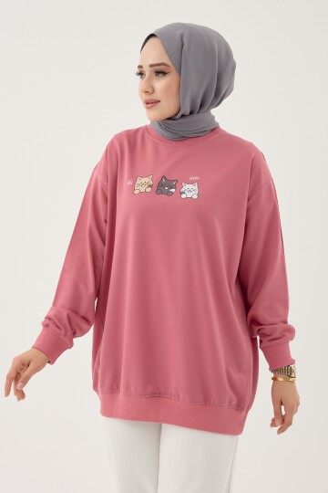 Kadın Kedi Baskılı Bisiklet Yaka Basic Sweatshirt