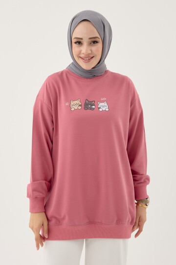 Kadın Kedi Baskılı Bisiklet Yaka Basic Sweatshirt