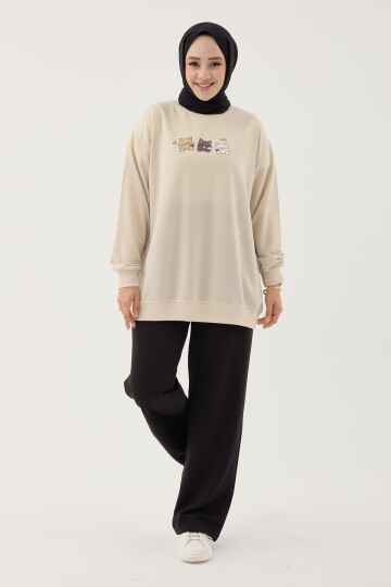 Kadın Kedi Baskılı Bisiklet Yaka Basic Sweatshirt