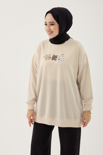 Kadın Kedi Baskılı Bisiklet Yaka Basic Sweatshirt