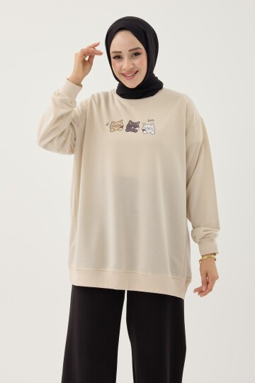 Kadın Kedi Baskılı Bisiklet Yaka Basic Sweatshirt