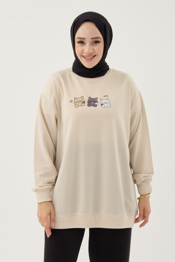 Kadın Kedi Baskılı Bisiklet Yaka Basic Sweatshirt