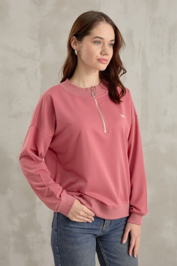 Kadın One Baskı Detay Yarım Fermuarlı Crop Sweatshirt