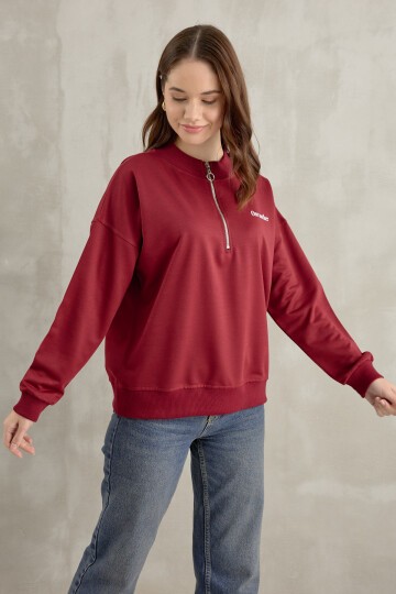 Kadın One Baskı Detay Yarım Fermuarlı Crop Sweatshirt