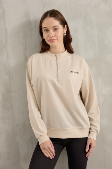 Kadın One Baskı Detay Yarım Fermuarlı Crop Sweatshirt