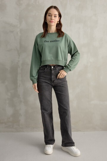 Kadın One Baskı Yarasa Kol Crop Sweatshirt